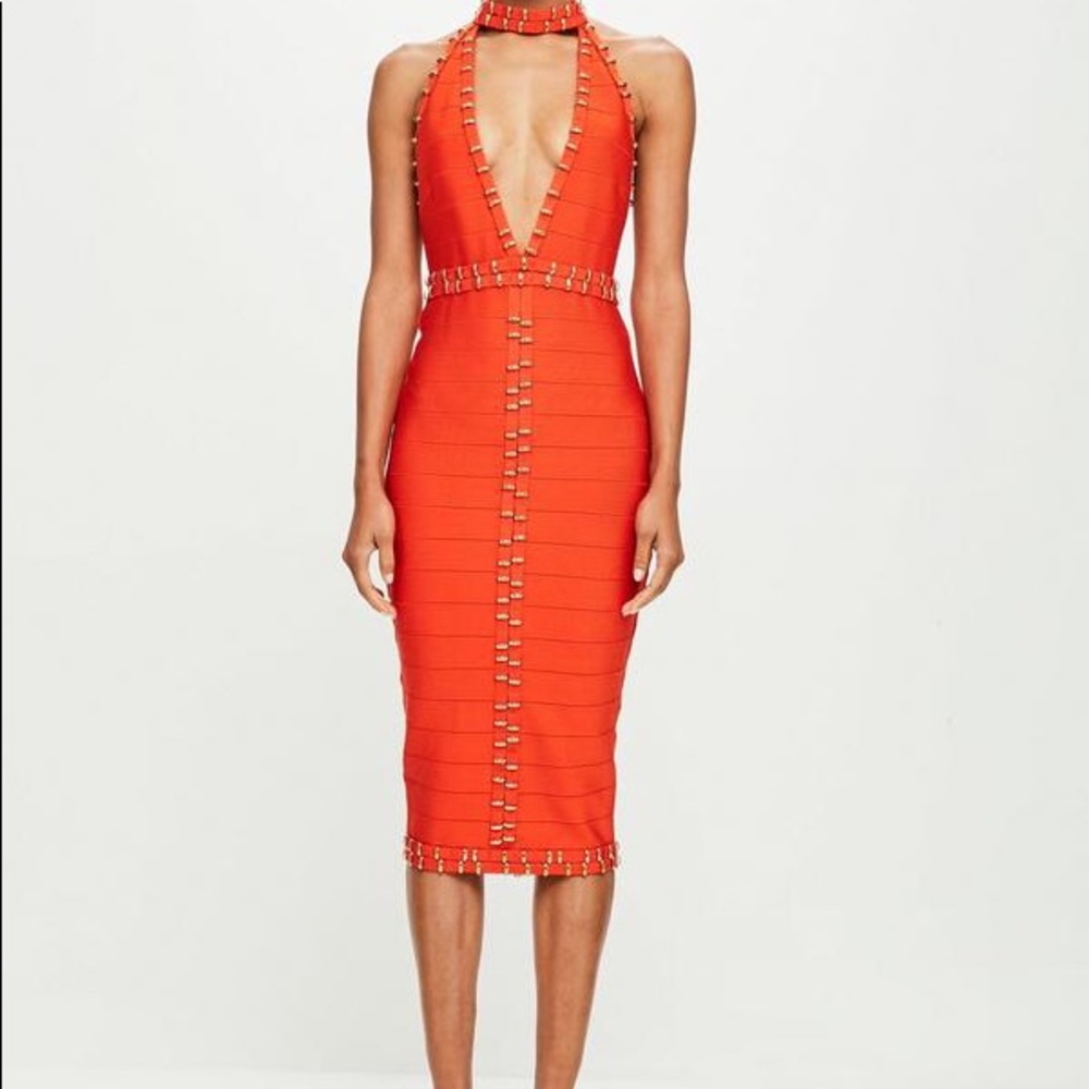 peace + love orange plunge bandage midi dress
